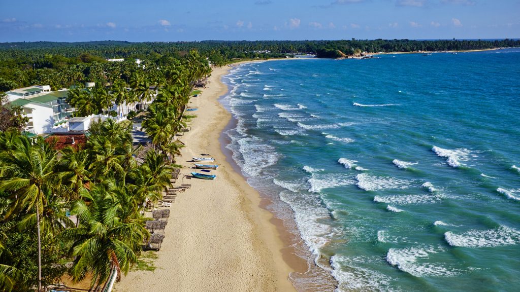 Aerial view of Uppuveli beach, Trincomalee, Eastern Province, Ceylon, Sri Lanka