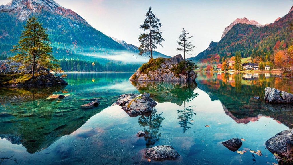 Autumn scene of Hintersee lake, morning view of Bavarian Alps on the Austrian border, Germany