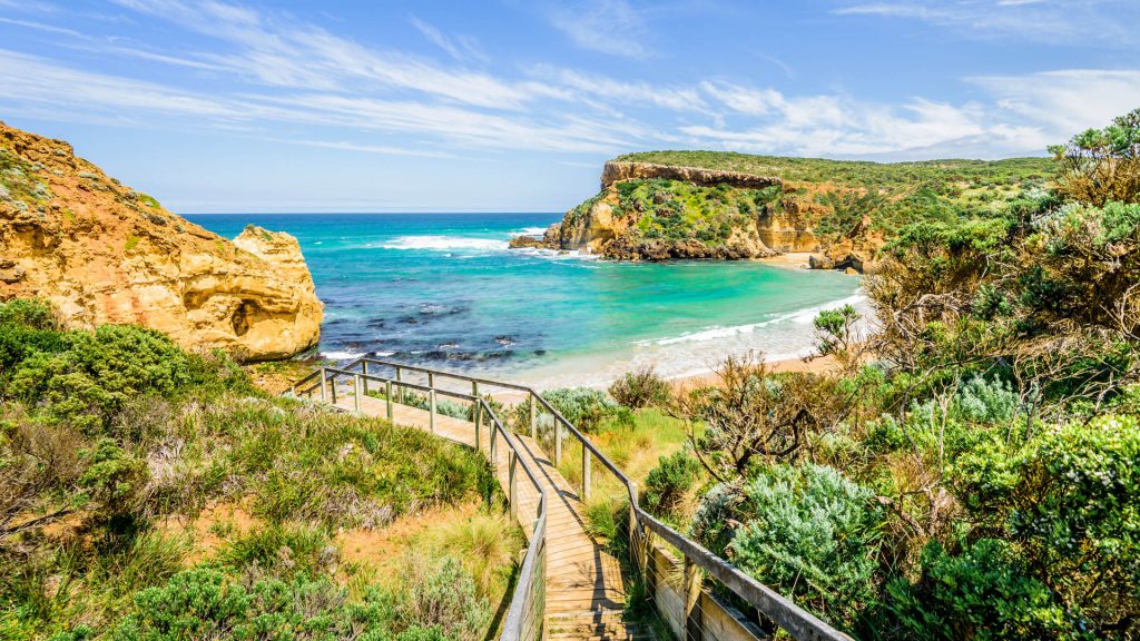 Summer coast view to beach bay, Melbourne, Port Campbell National Park ...