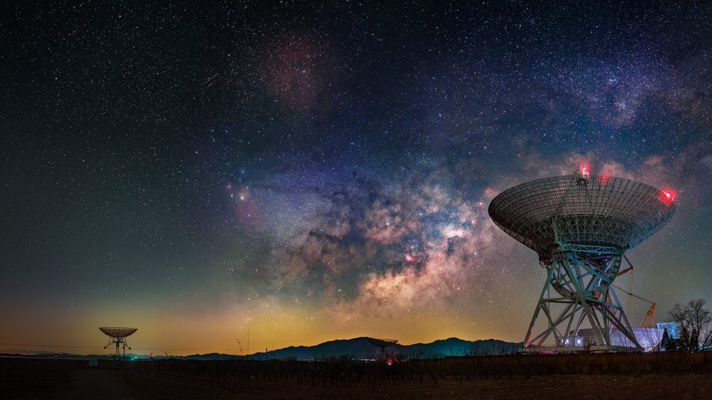 Milky Way over huge radio telescopes, Beijing, China