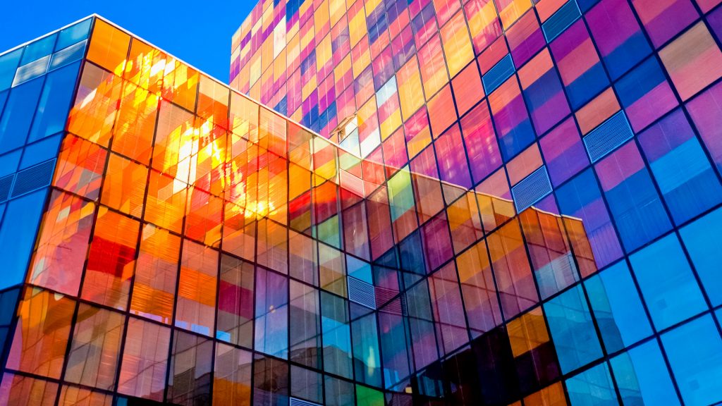 Colorful glass facade of shopping mall, Chaoyang District, Beijing, China