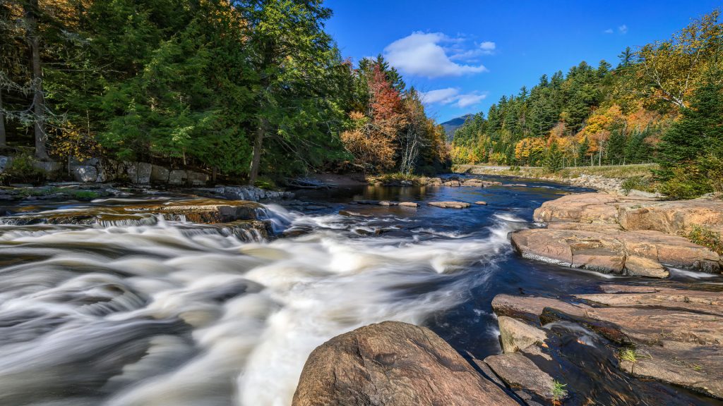 Whiteface Mountain at the Ausable River and Monument Falls, Adirondack, Upstate New York, USA