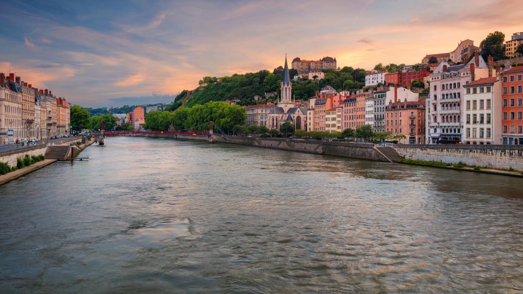 Cityscape of Lyon with Saône river during sunset, France