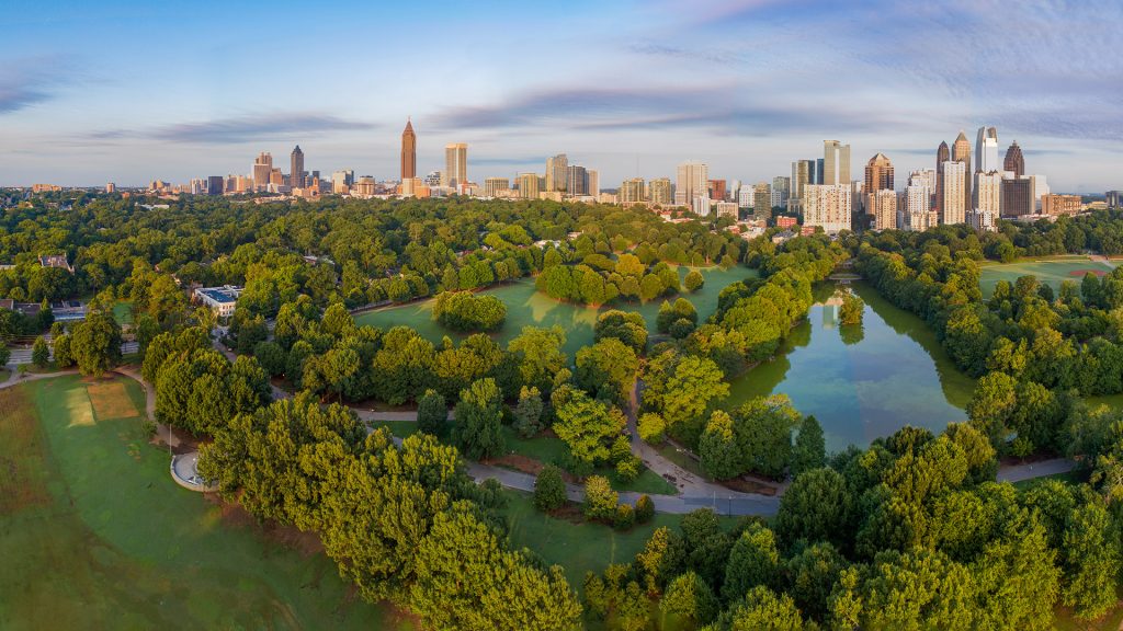 Downtown skyline aerial panorama, Atlanta, Georgia, USA
