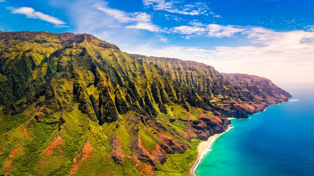 Aerial landscape view of spectacular Nā Pali coast, Kauai, Hawaii, USA