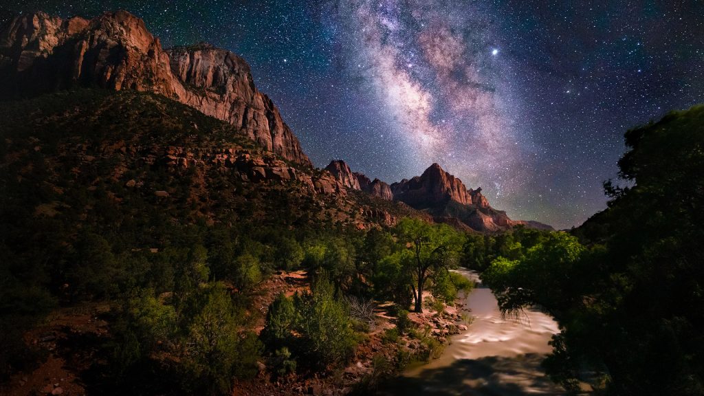 Night scene of the Milky Way and stars at Zion National Park, Utah, USA