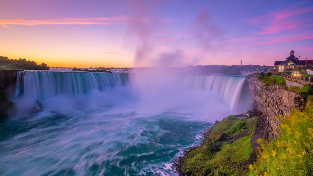 Niagara Falls waterfall view from Ontario at sunset, Canada