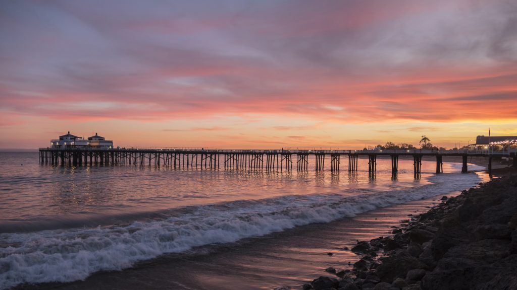 Malibu pier Pacific Ocean sunset on the Southern California coast, USA