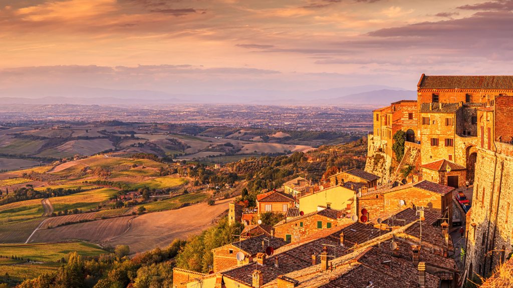 View of Montepulciano town at sunset, Val di Chiana, Siena province, Tuscany, Italy