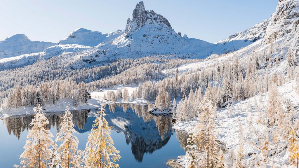 Lake Federa and Becco di Mezzodì mountain, Dolomites, Alps, Cortina d'Ampezzo, Belluno, Italy