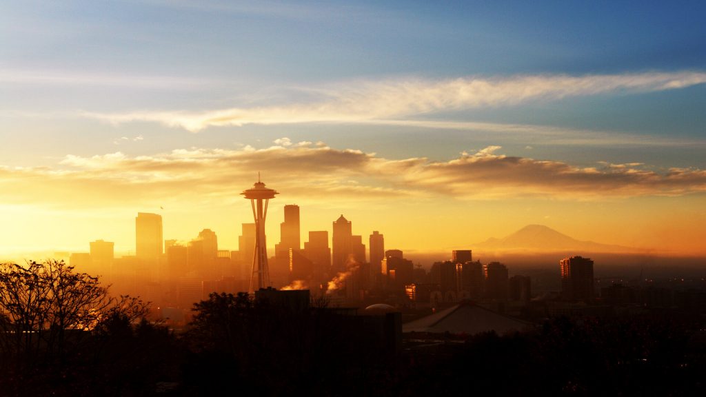 Seattle awakens to a beautiful new day, sunny morning with Mt Rainier, Washington state, USA