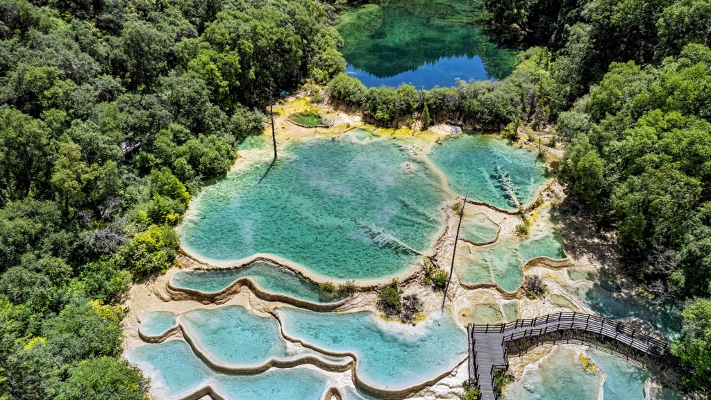 Aerial view of The Pools of Immortals near Jiuzhaigou National Park, Sichuan province, China