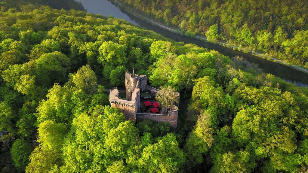 Ruins of Montclair Castle above Saar River near Mettlach, Saarland, Germany