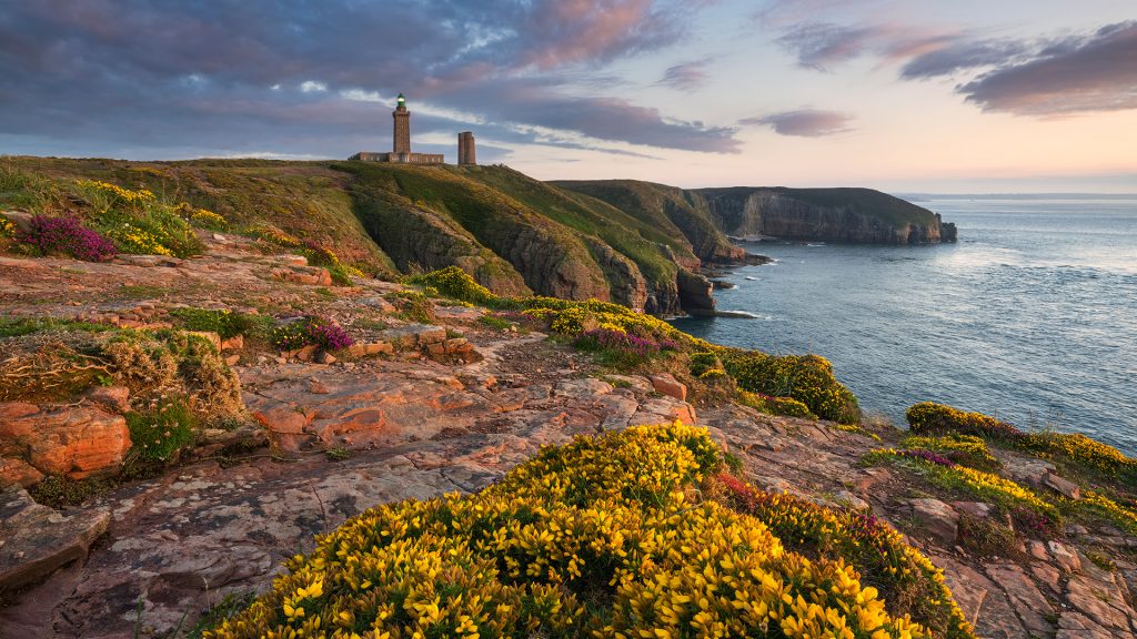 Lighthouse view at sunset on Cap Fréhel,, Emerald Coast, English Channel, Brittany, France