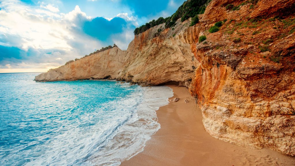 Porto Katsiki beach on Lefkada island in Ionian Sea at sunset, Greece