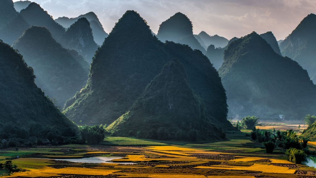 Sunset and mountains, river and rice field at Trung Khanh town, Cao Bang province, Vietnam