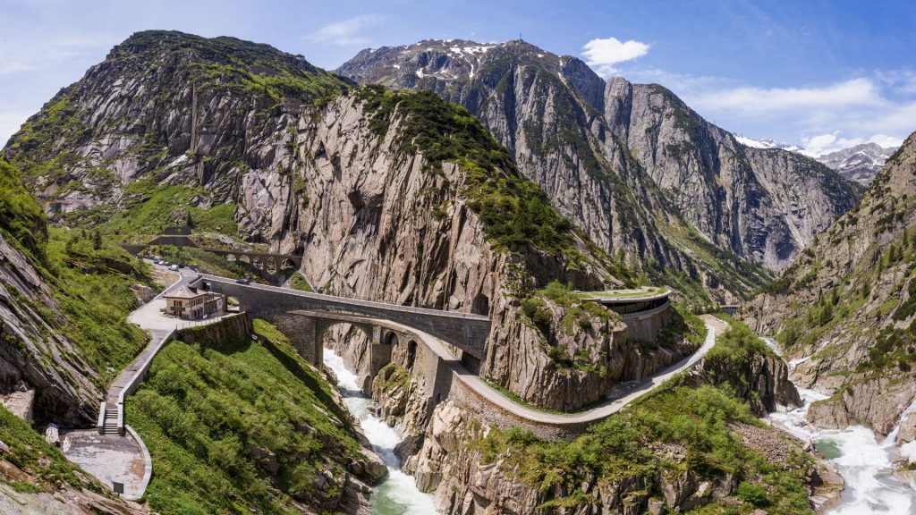 Aerial view of Teufelsbrucke or Devil's bridge along Gotthard pass, Canton Uri, Switzerland