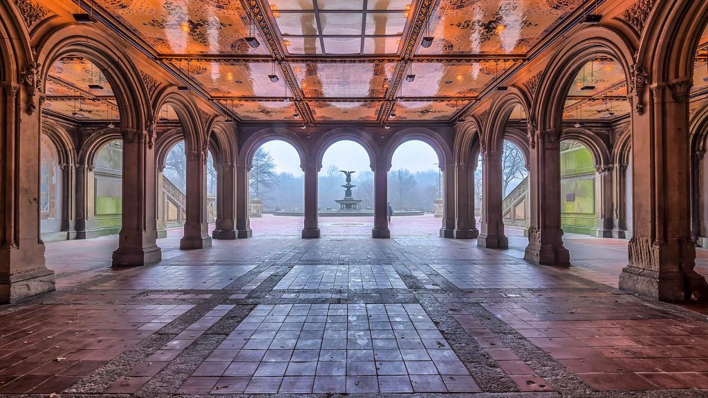 Bethesda Terrace and Fountain overlook The Lake in New York City Central Park, Manhattan, USA