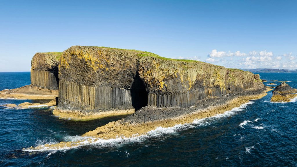 Island of Staffa with basalt columns and Fingal's Cave, Hebrides, Highlands, Scotland, UK