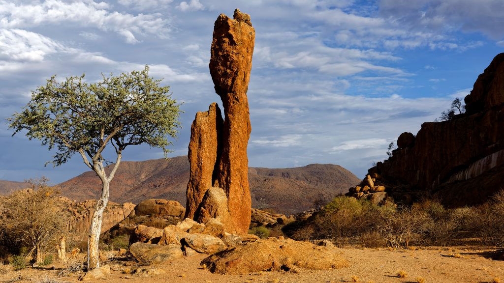 Granite rock needle in the Erongo Mountains west of Omaruru, Farm Omandumba, Namibia