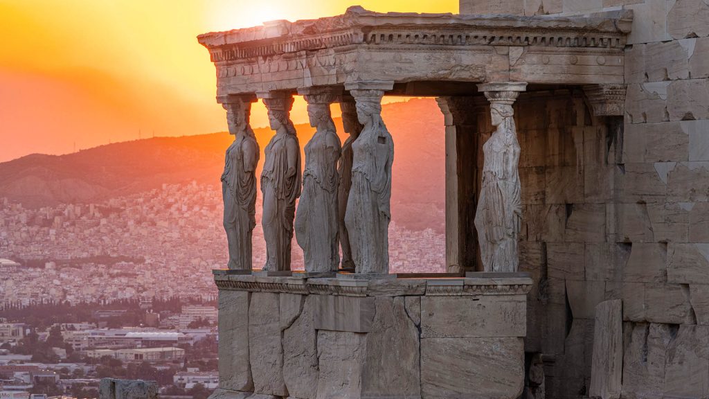 Vestibule with the statues of the Caryatids at sunset, Erechtheion, Acropolis, Athens, Greece