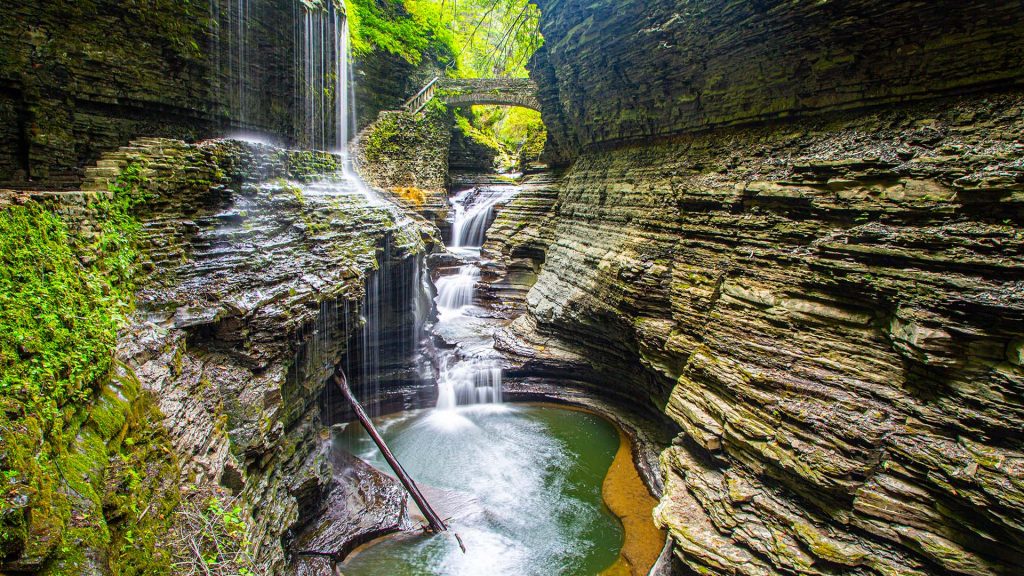 View of waterfall, natural pools and bridge at Watkins Glen State Park, New York state, USA