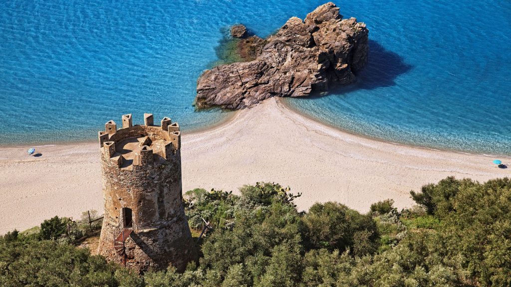 Tonnara sea beach and tower, Palmi, Costa Viola, Reggio Calabria, Italy