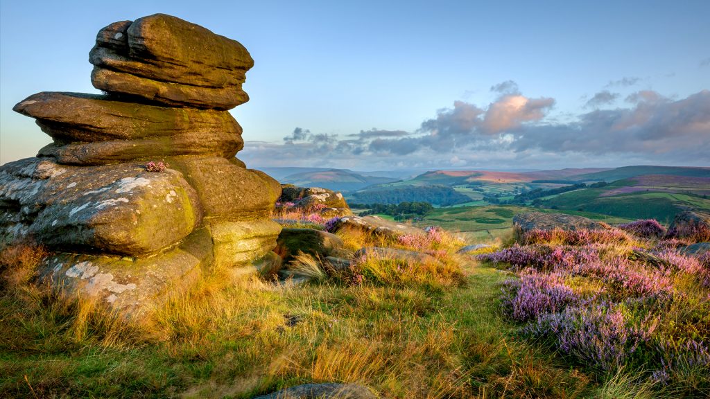 Last light at Millstone Edge, Peak District National Park, Derbyshire, England, UK