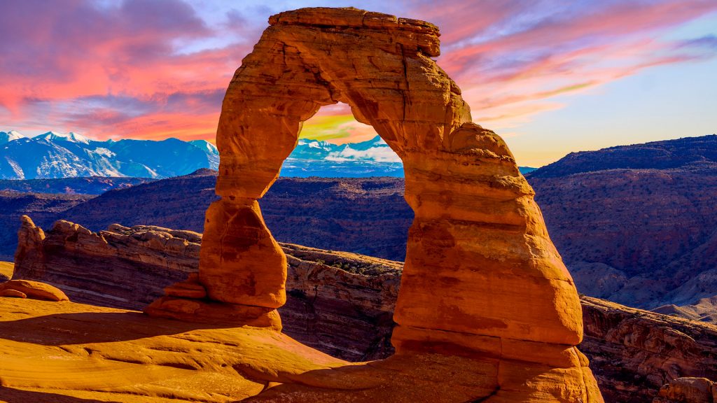 Beautiful sunset with Delicate Arch, Arches National Park, Utah, USA