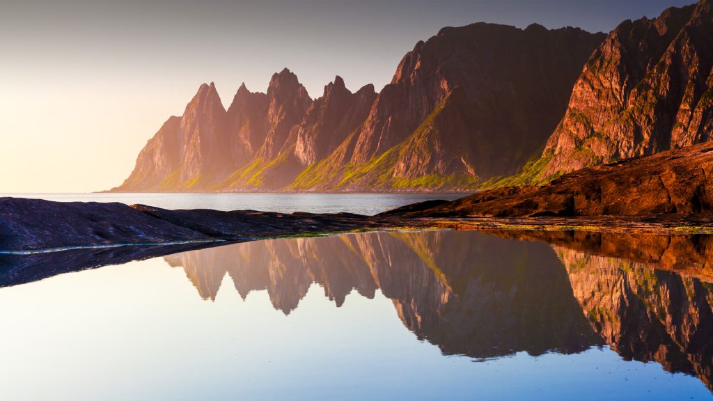 Wild peaks at Ersfjorden at sunset, Tungeneset, Sazza, Senja island, Troms, Norway