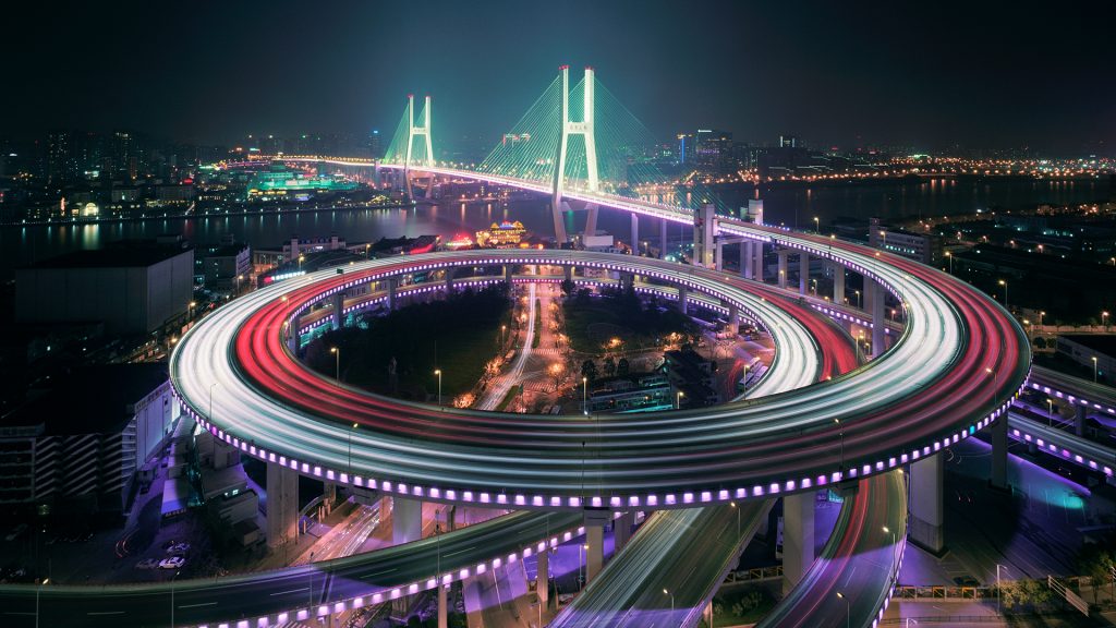 Nanpu bridge illuminated at night elevated view, Shanghai, China