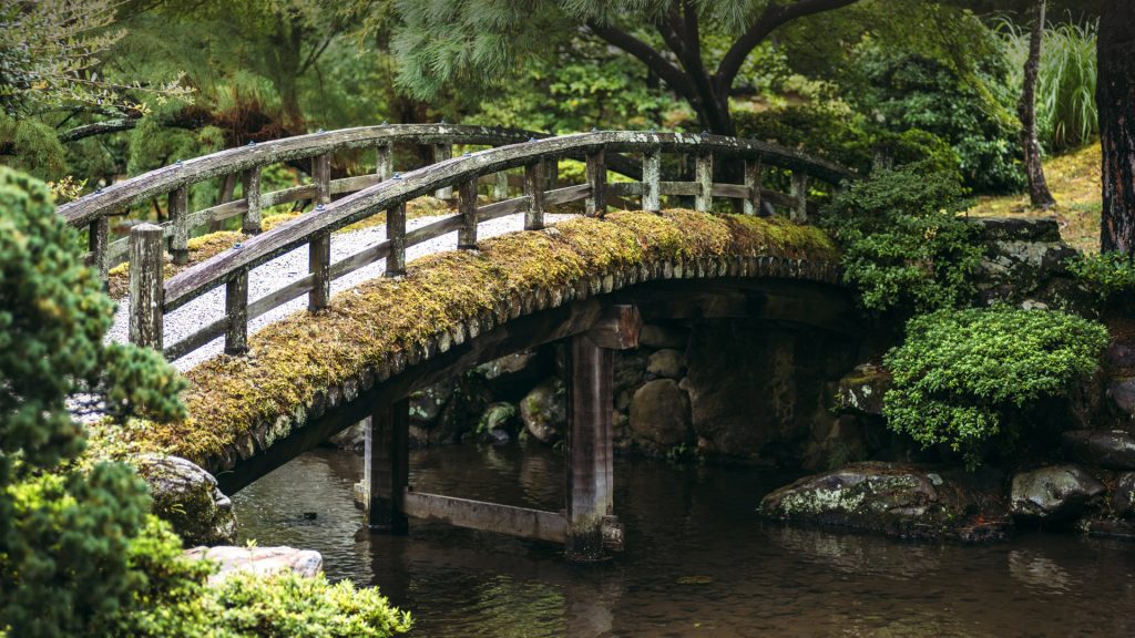 Footbridge over pond in Japanese garden, Kyoto, Kinki, Japan