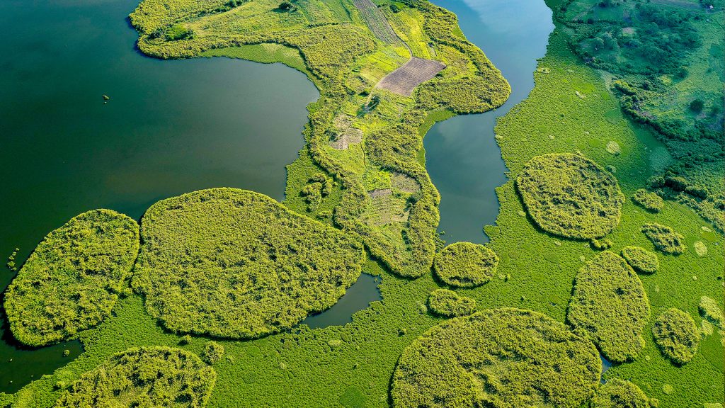 Lakes in the wild landscape from above, Okavango, Angola