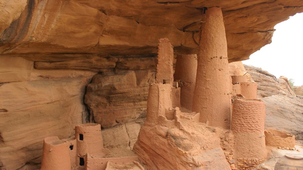 Telem Granary in Dogon Village of Irelli, below lip of Bandiagara Escarpment, Mali