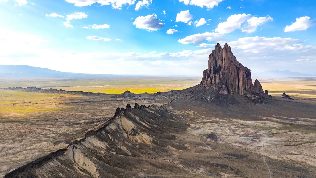 Shiprock rock formation at sunrise, Navajo reservation in San Juan County, New Mexico, USA