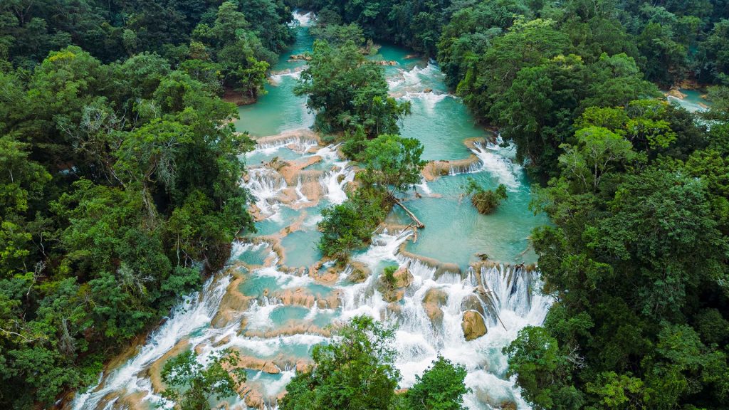 Aerial view of Agua Azul waterfalls on Xanil River, Chiapas, Mexico