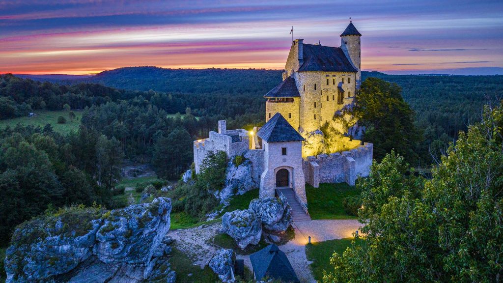 Clouds after sunset on medieval Bobolice castle, Trail of the Eagles’ Nests, Silesia, Poland