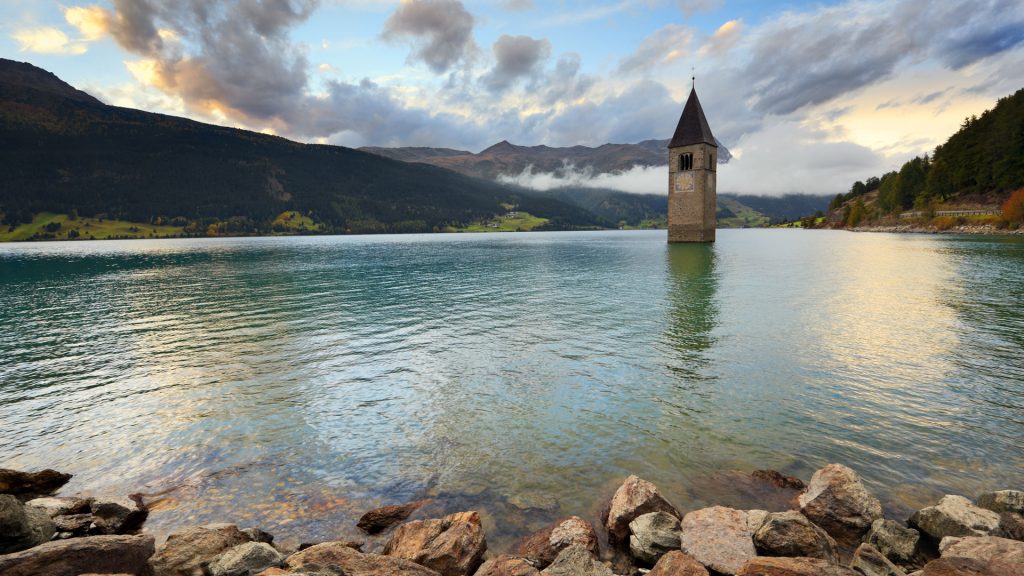 Bell tower in the Lake of Reschen (Reschensee, Lago di Resia) in South Tyrol, Italy