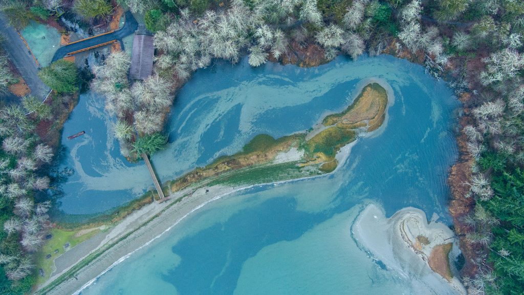 Aerial view of Tolmie State Park in Olympia, Washington state, USA