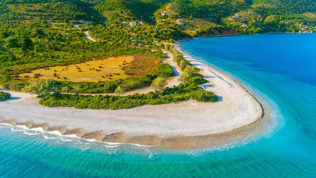 The beach of Aghios Dimitri, Alonissos island, Sporades, Aegean sea, Greece