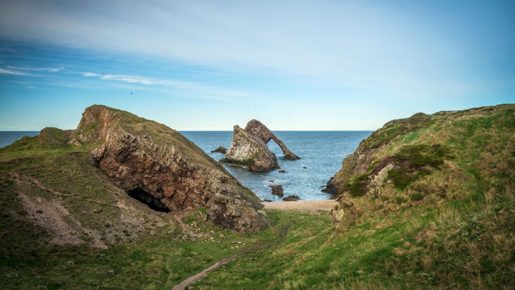 Bow Fiddle Rock natural sea arch near Portknockie, Moray, north-eastern coast of Scotland, UK