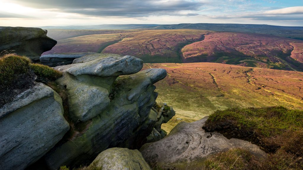 View from rocky edge of Kinder Scout, Fairbrook Naze, Peak District, Derbyshire, England, UK