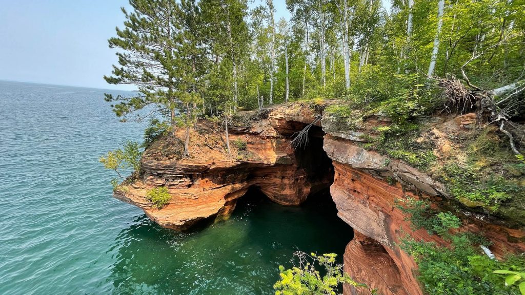 Scenic view against clear sky, Bayfield, Apostle Islands, Lake Superior, Wisconsin, USA