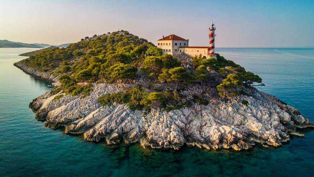 Sestrice lighthouse at sunrise, Telašcica Nature Park, Kornati islands, Dalmatia, Croatia