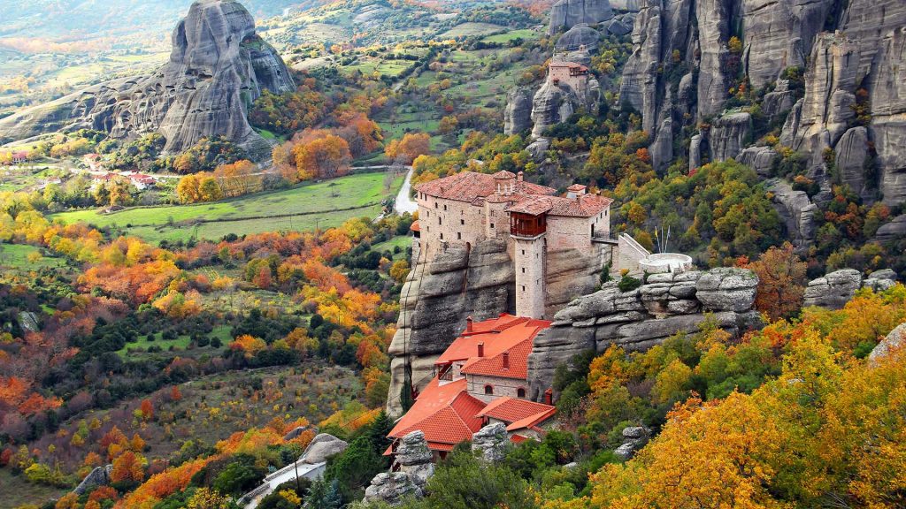 Landscape with Meteora Rocks and Roussanou Monastery in autumn, Kalambaka, Greece