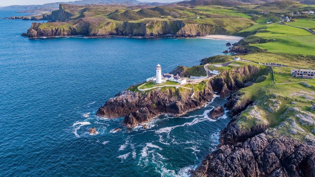 Aerial view of Fanad Head Lighthouse, Lough Swilly and Mulroy Bay, County Donegal, Ireland