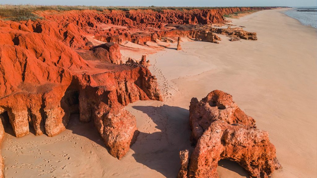 Aerial view of rocks at James Price Point on a sunny day, The Kimberley, Western Australia