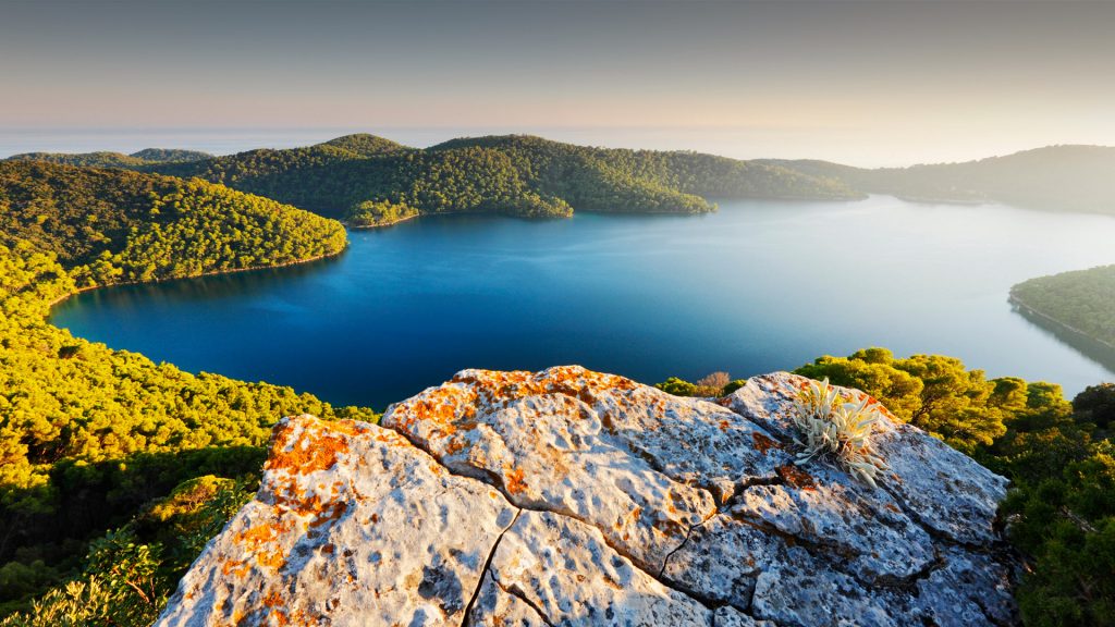 Landscape at Veliko Jezero salt lake at Mljet National Park in summer, Dalmatia, Croatia