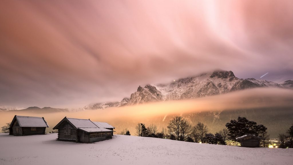 Mittenwald illuminated by market lights in the Karwendelgebirge mountains in winter, Germany