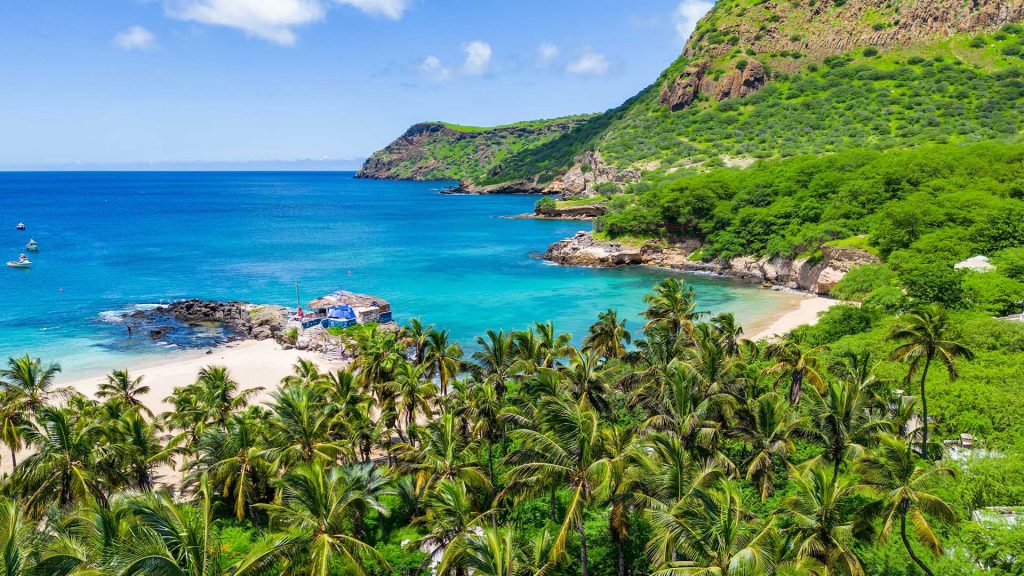 Tarrafal Beach summer landscape aerial view, Santiago Island, Republic of Cabo Verde